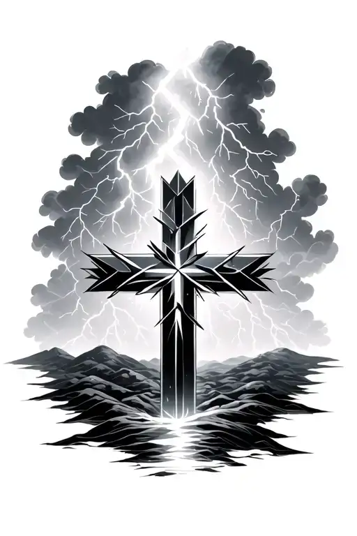 geometric cross with a thunderstorm background with lightning tattoo design idea