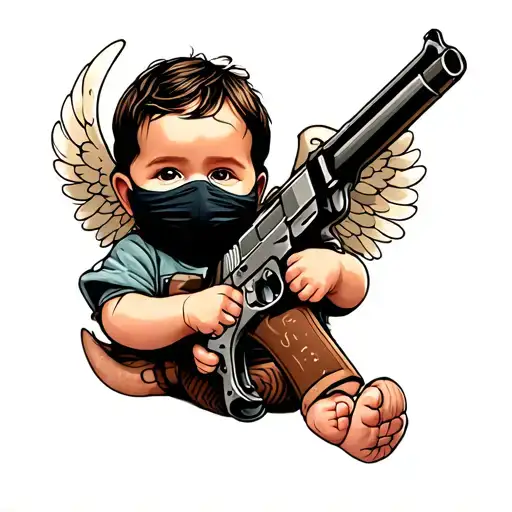 baby angel with ski mask and gun tattoo design idea