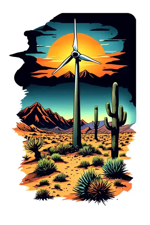 A wind turbine in the desert with mountains, saguaro catus, tumble weed, joshua tree and a sunset tattoo design idea