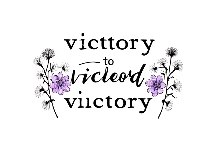 the words “victory to victory”  with crocus flowers, almond blossoms, grape vines, and dandelions  tattoo design idea