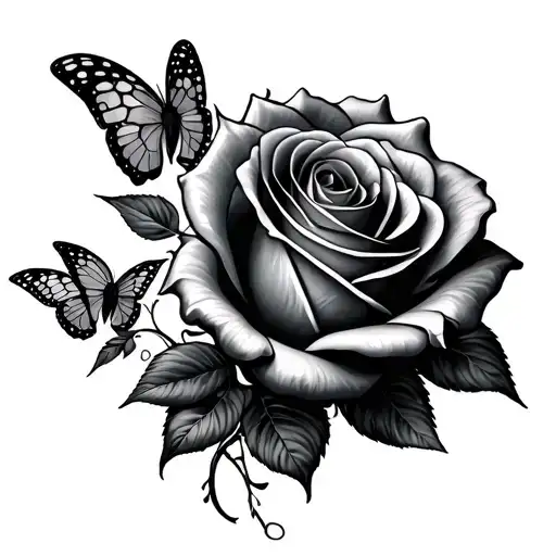 Rose large black gray, diagonally colored smaller butterfly forearm tattoo design idea