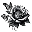Rose large black gray, diagonally colored smaller butterfly forearm tattoo design idea
