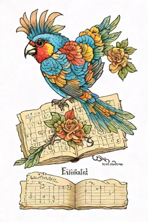 rainbow finch holding crossword puzzle tattoo design idea