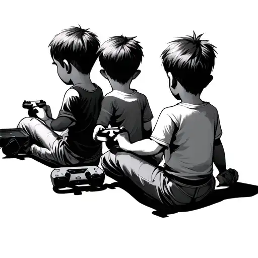 Three brothers sitting on the floor, seen from behind, playing Ratchet & Clank: All 4 One on a PlayStation 3.  tattoo design idea
