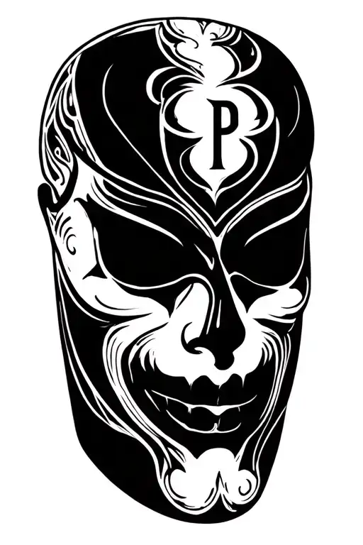 mask emoji from iphone with initials R P tattoo design idea