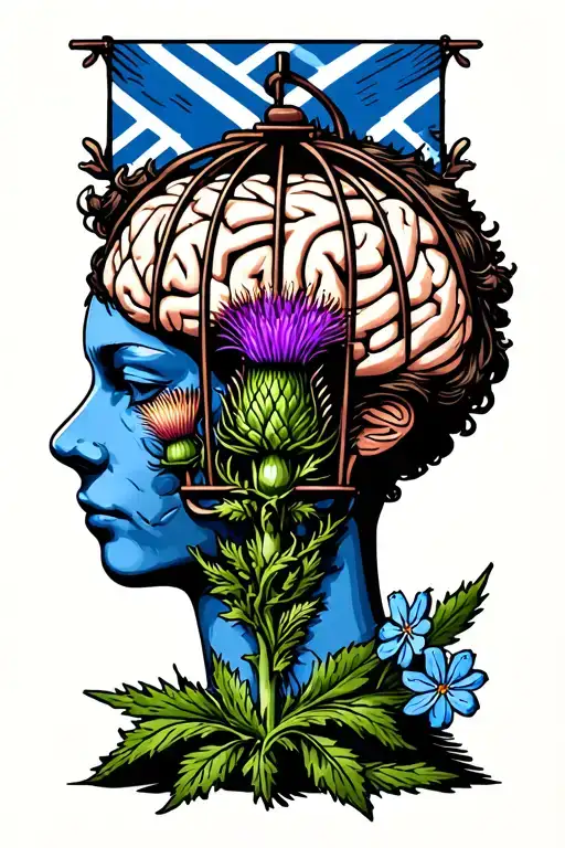 brain cage dementia scottish flag and thistle forget me not tattoo design idea