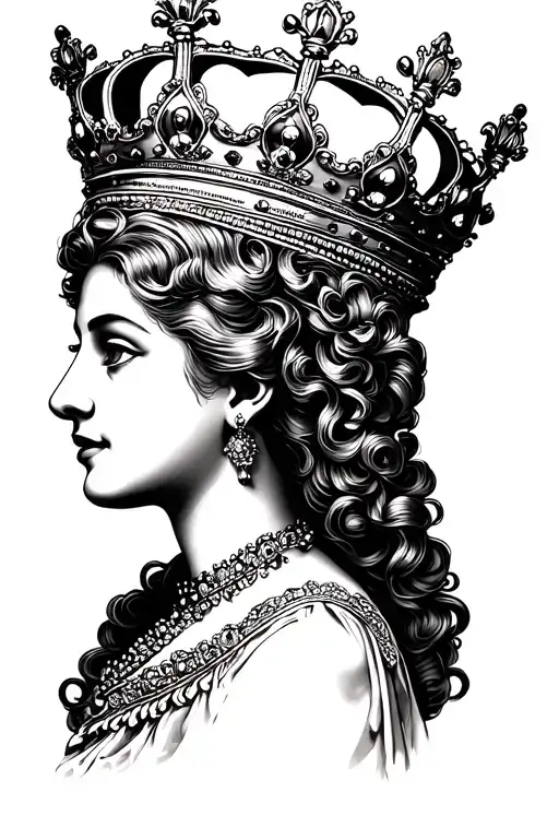 Queen crown with lady head profile Front side looking tattoo design idea