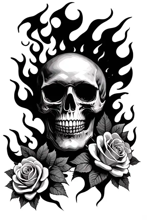 half of a skull face with flames background black and white and maybe some small roses  tattoo design idea
