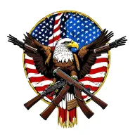 A patriotic bald eagle perched on the 2 Cross Rifles of the US Army Infantry with an American flag in the background. tattoo design idea