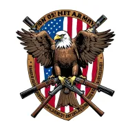 A patriotic bald eagle perched on the 2 Cross Rifles of the US Army Infantry with an American flag in the background. tattoo design idea
