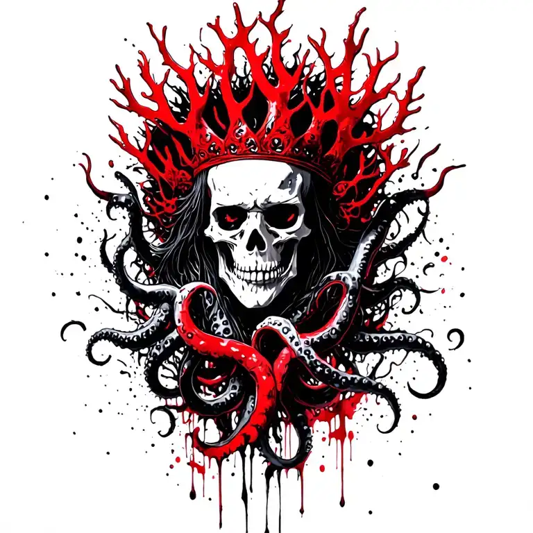 King Of Bones With A Coral Crown, Hades 2 Style, Eldritch, Tentacles, Lovecraftian, Deep Sea background  tattoo design idea