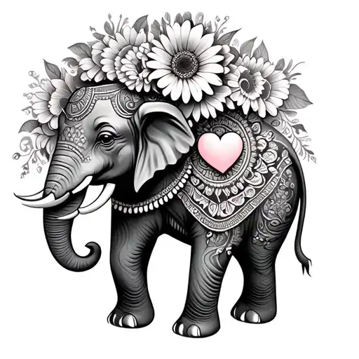 mandala elephant with 3 hearts on the body and gerbera flowers tattoo design idea