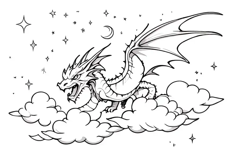 simple flying dragon emerging from whisps of clouds in a starry sky with a crescent moon tattoo design idea
