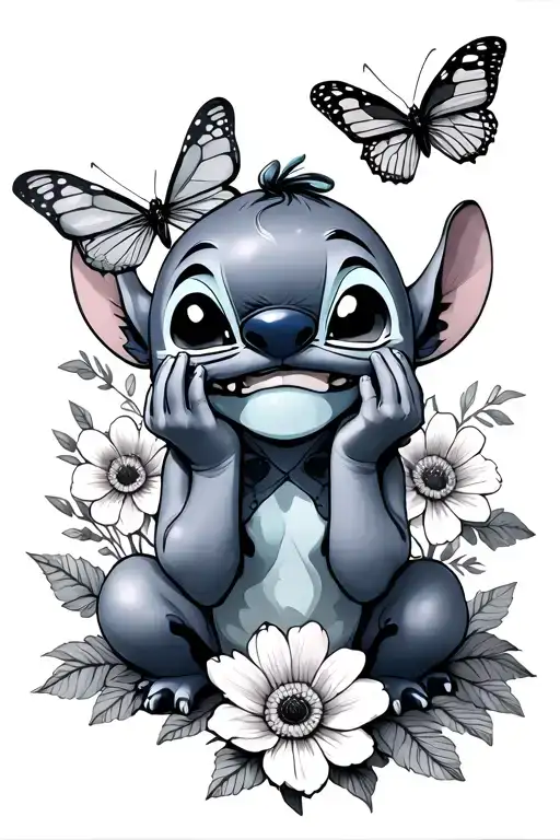 stitch cosplay dolls " see no evil speak no evil hear no evil " with flowers and butterflies  tattoo design idea