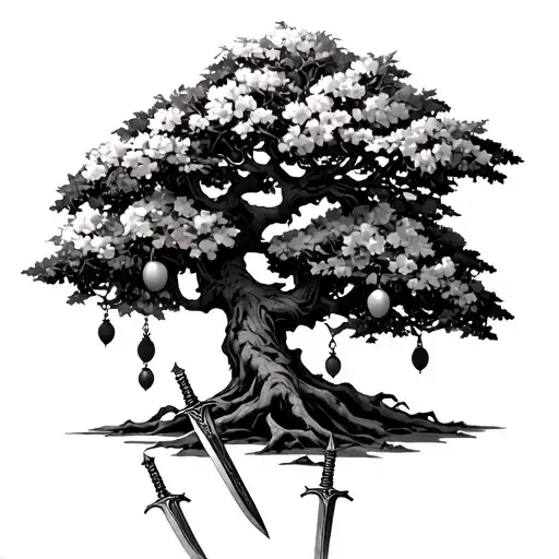 A sakura tree with devil fruits from one piece hanging off it. Three swords on the bottom of the tree on the ground. And tattoo design idea