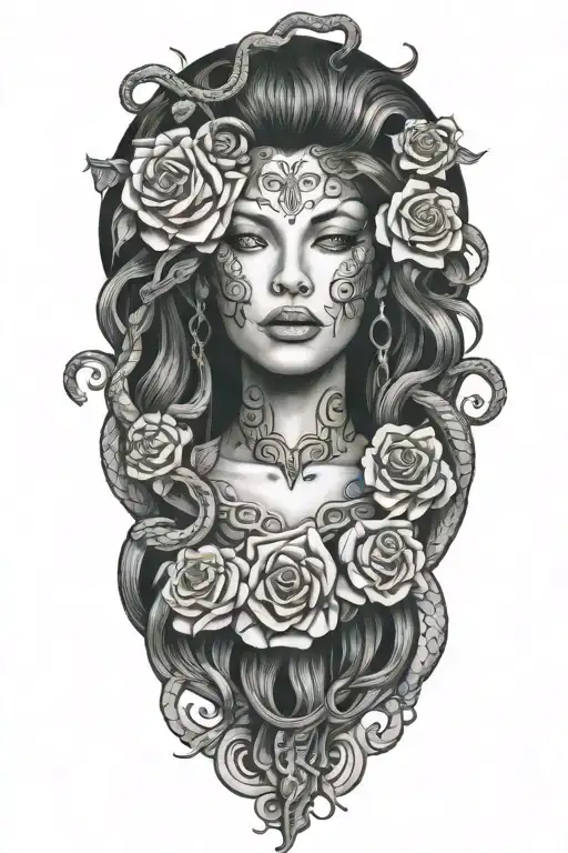 Medusa with snakes for hair and roses surrounding  tattoo design idea