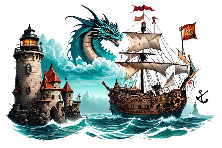 castle with dragon , pirate ship, lighthouse, skulls, daggers and anchor tattoo design idea