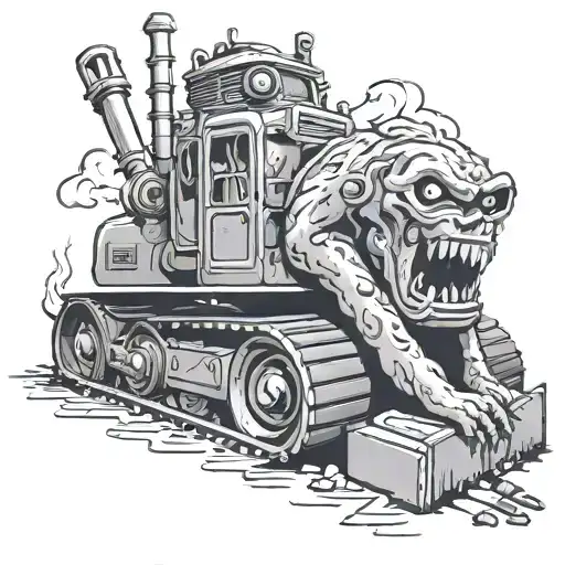 bulldozer and monster with cigarette tattoo design idea