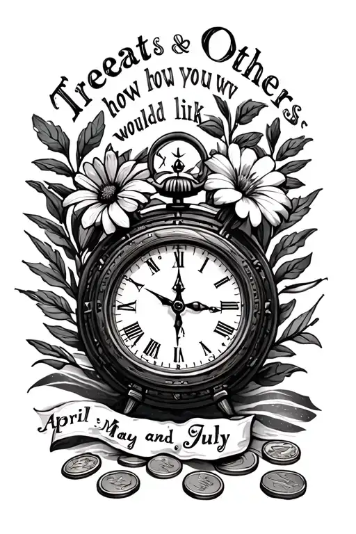 "Treat others how you would lik" April, May, and July birth flowers.  Jet, Clock, compass, olive branch, wave, pennies tattoo design idea