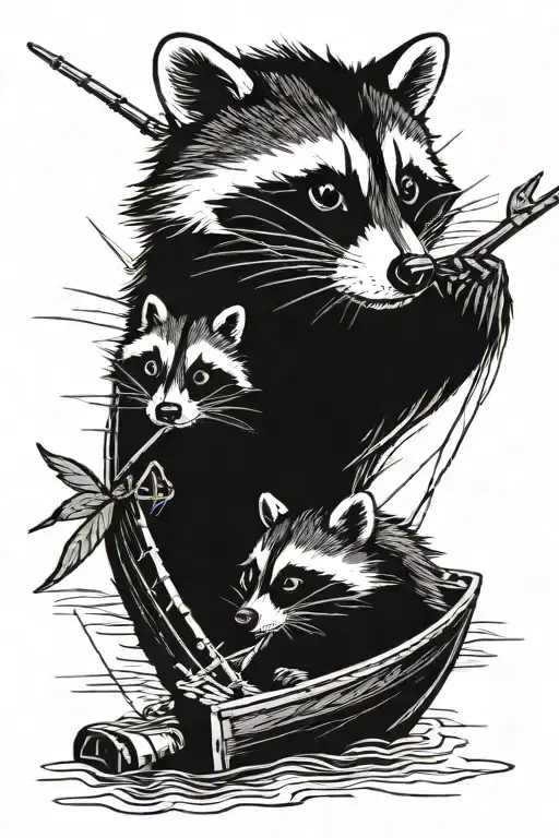 2 racoon friends fishing in a boat one at each end. viewed from the side  tattoo design idea