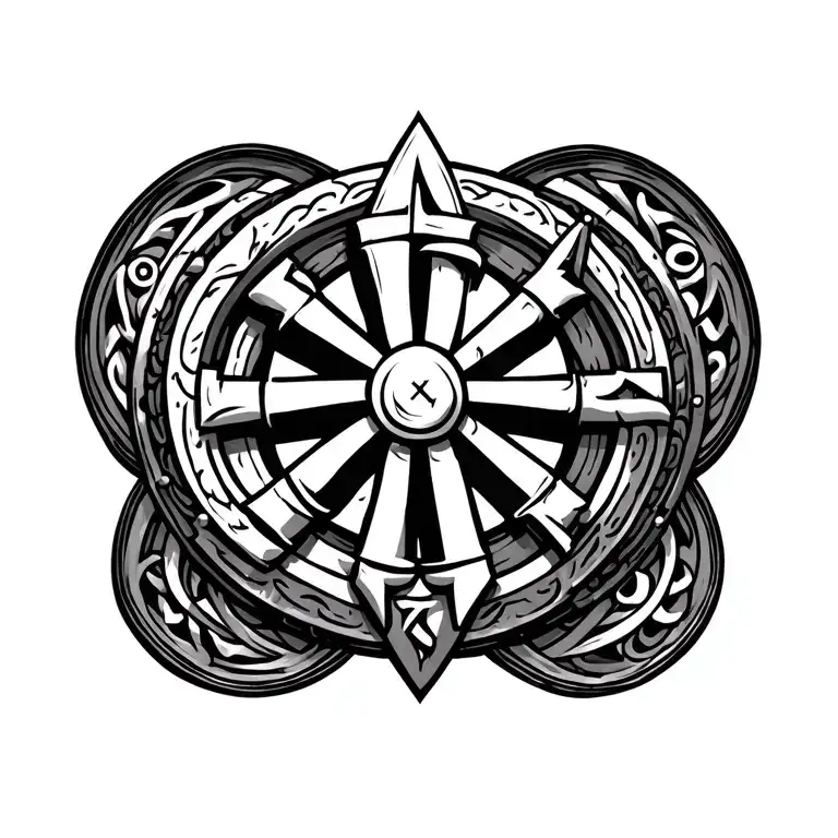 Old Norse and Slavic symbols, rune Kolovrat sun wheels, the Valknut, shield emblems, Gothic blackletter  tattoo design idea