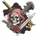 skull with a sword through it  with fuck cancer phrase written tattoo design idea