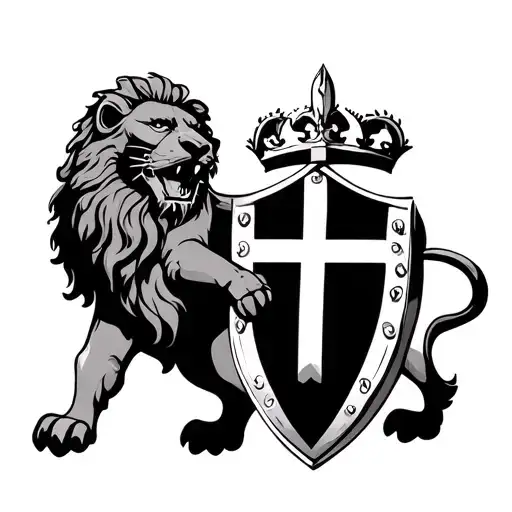 English Lion standing holding a st george cross shield with its front paws tattoo design idea