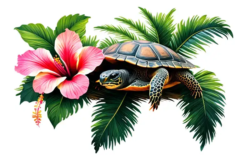 palm tree with turtle sitting inside hibiscus flower tattoo design idea