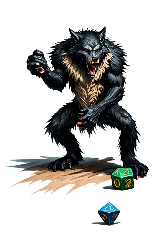 Werewolf holding D20 dice tattoo design idea