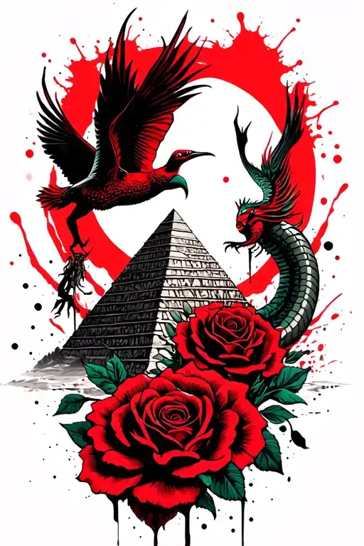 Quetzalcoatl flying, the Aztec pyramid, large red roses, and the moon tattoo design idea