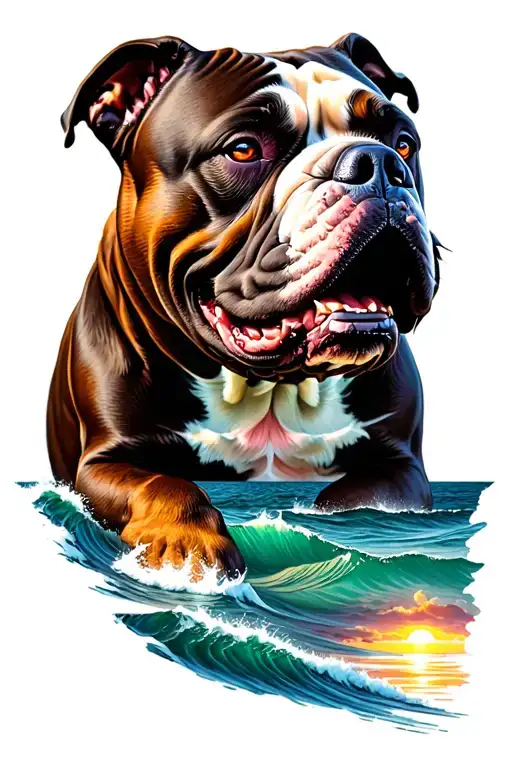 American bully overlooking ocean Sunset tattoo design idea