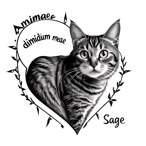 "Animae dimidium meae " portrait of a grey striped cat next to a broken heart that says "Sage" inside and the border of the heart  tattoo design idea