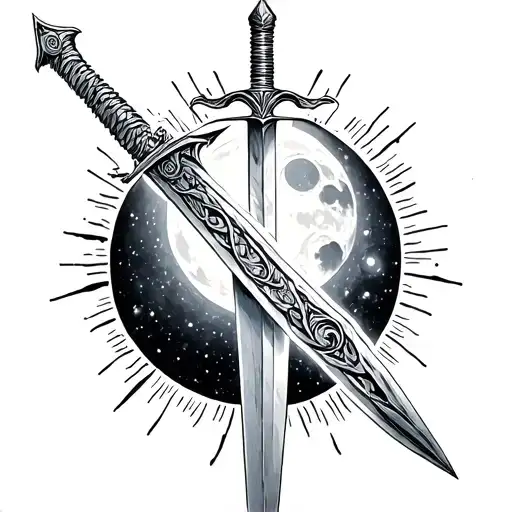 A divine sword emerging from the collision of the sun and moon, surrounded by cosmic energy. tattoo design idea