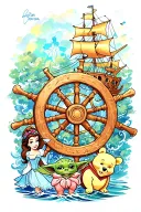 Cinderella, chip, gus Gus, Pocahontas, a pirate ship wheel, Winnie the Pooh, piglet and baby yoda in it tattoo design idea