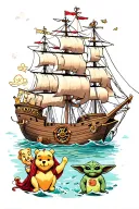 Cinderella, chip, gus Gus, Pocahontas, a pirate ship wheel, Winnie the Pooh, piglet and baby yoda in it tattoo design idea