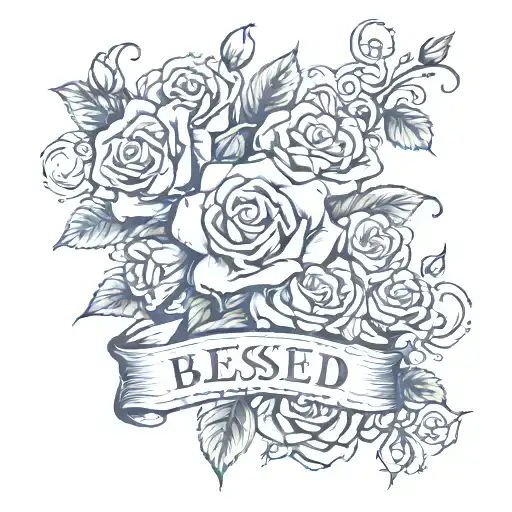 "blessed" on a banner with roses and thorns tattoo design idea