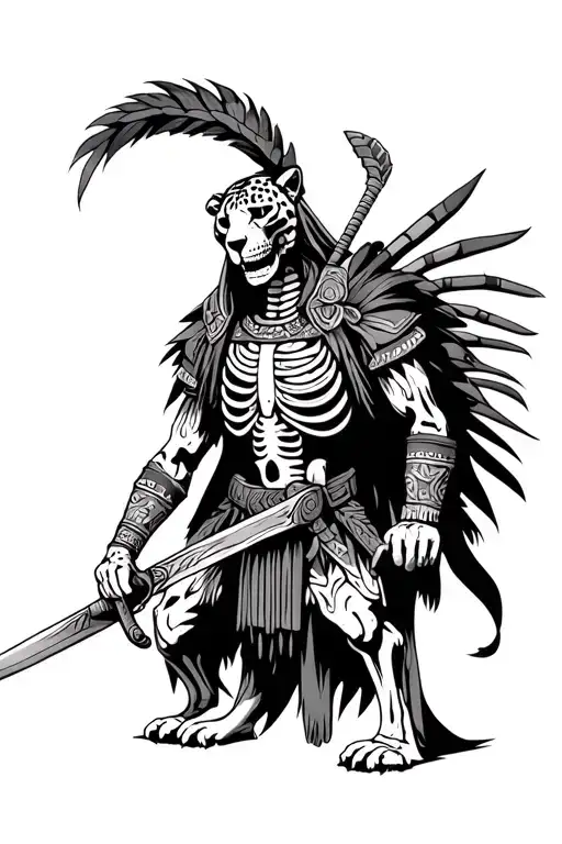 human skeleton jaguar warrior aztec wielding his sword tattoo design idea