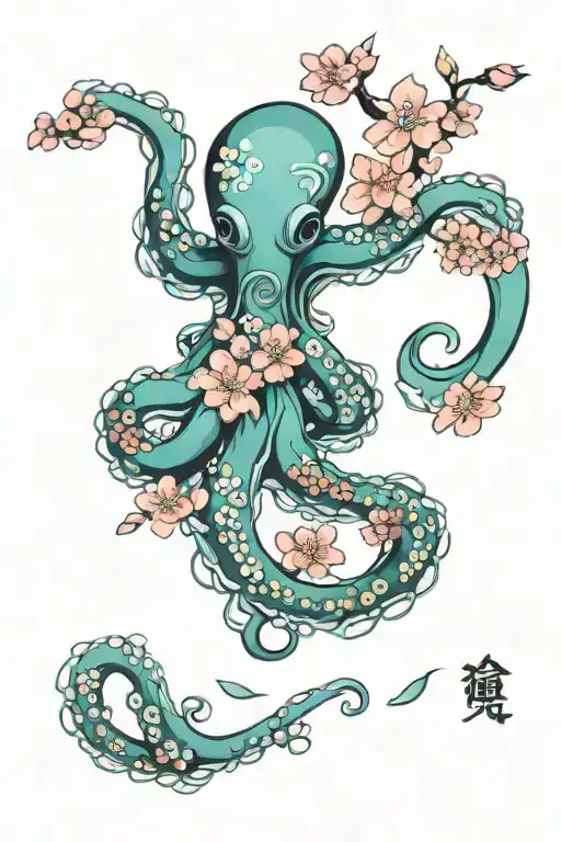 Japanese traditions with octopus and cherry blossom in “aquamarines revenge” style tattoo design idea