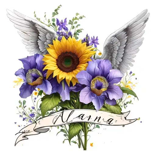 "Alanna" written in a beautiful font, with a sunflower, purple iris and angel wings tattoo design idea