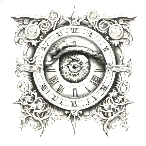 stairway to heavens gates in the reflection of an eye made into the center of a mechanical clock tattoo design idea