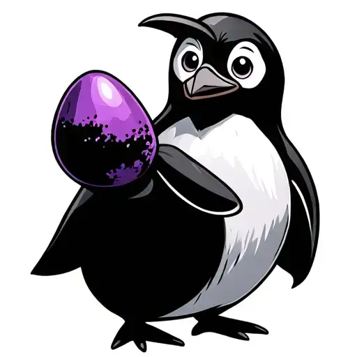 cartoon penguin holding purple egg tattoo design idea