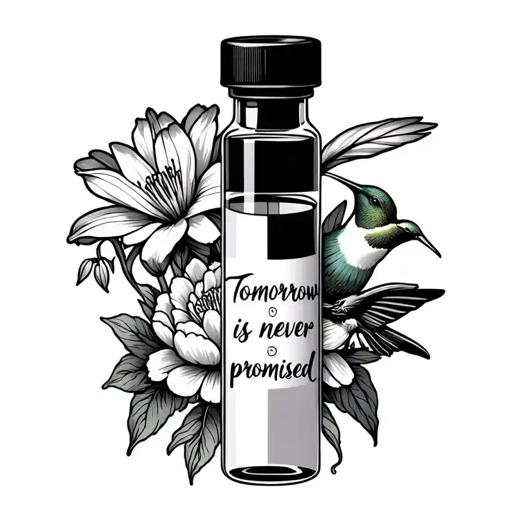 vial of insulin, with peony, eidlwise and stargazer lily flower and hummingbird with saying "tomorrow is never promised" tattoo design idea