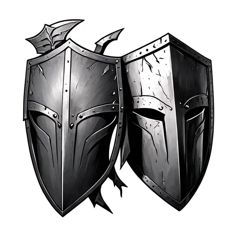 Damaged spartan helmet with shield and spear tattoo design idea