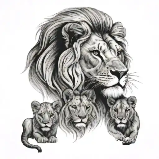 A lions face with a mane and 3 cubs around it  tattoo design idea