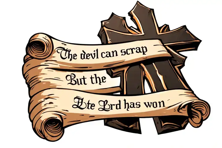 cobblestone cross with writing "the devil can scrap but the Lord has won" in old font on a scroll. with a bowling lane tattoo design idea