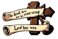 cobblestone cross with writing "the devil can scrap but the Lord has won" in old font on a scroll. with a bowling lane tattoo design idea