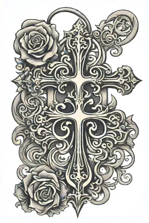 chrome heart cross surrounded tattoo design idea