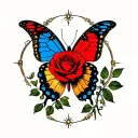 Red Rosa surrounded by a celestial butterfly tattoo design idea