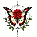 Red Rosa surrounded by a celestial butterfly tattoo design idea