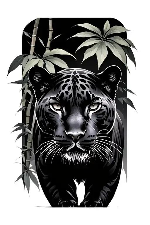 darker realistic panther front view with silhouettes of large leaves and bamboo in the backround tattoo design idea